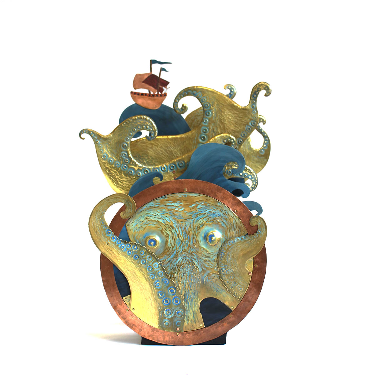 L'octopus géant, sculpture animée, fabriquée par les métalleuses en fusion.1 L'octopus géant, sculpture animée en métal, fabriquée par les métalleuses en fusion.